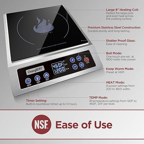 Miniatura 2 de ChangBERT Placa de cocción de inducción portátil, versión mejorada con un solo clic, potencia máxima de 1800 W, quemador de bobina de calefacción