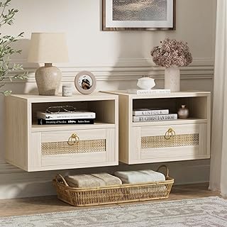 25+ Boho Bedroom Ideas Full of Free-Spirited Charm 62 Floating Nightstand Set of 2 with Drawer for Wall Mounted Hanging Rattan...