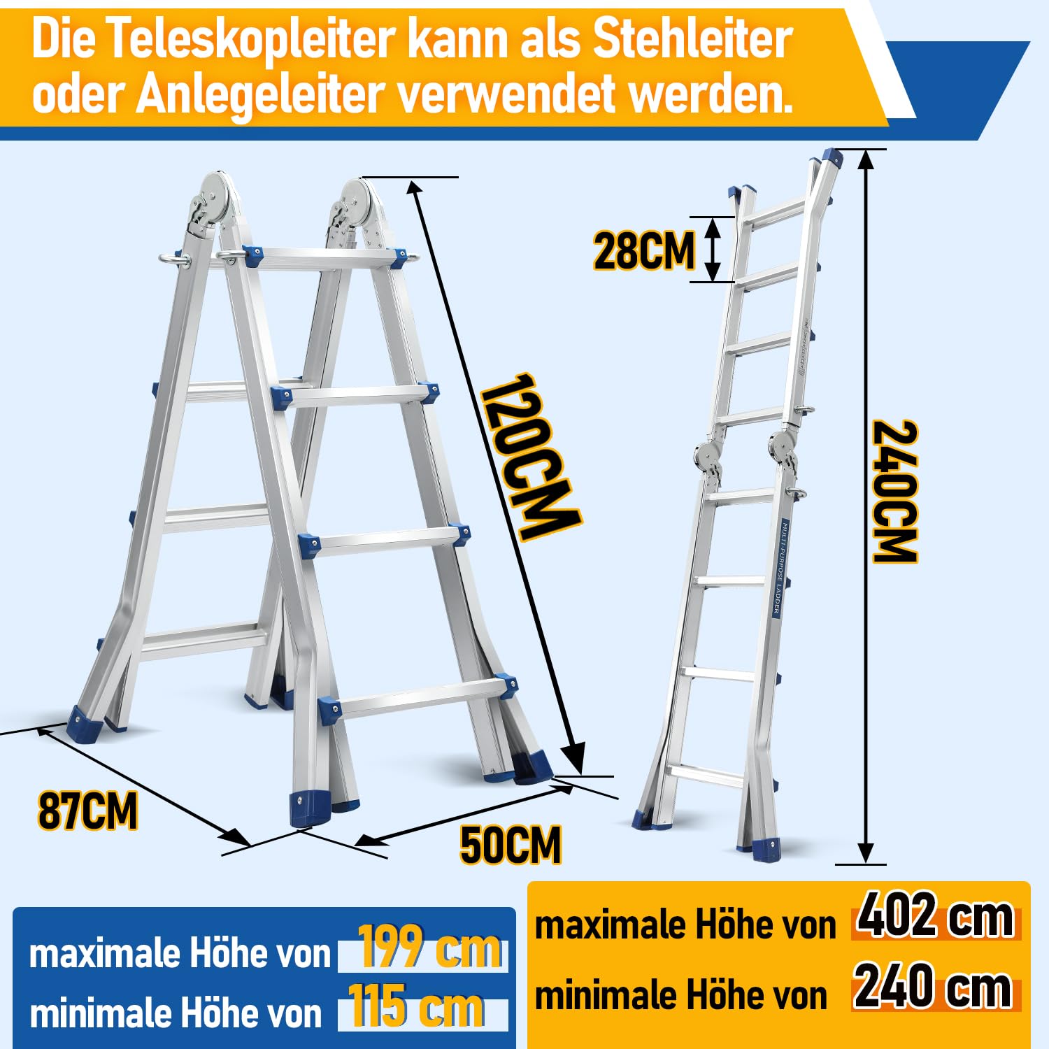 Ikodm Mehrzweckleiter 402cm 4x4 Sprossen Teleskopleiter 3 in 1 Aluleiter Multifunktionsleiter Klappleiter, Anlegeleiter Bockleiter Schiebeleiter beidseitige Steh und Treppenleiter
