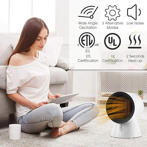 Miniatura 3 de COSTWAY Mini ventilador de refrigeración eléctrico 2 en 1, 3 modos de 1500 W, calentador de cerámica pequeño portátil de 2 segundos, protección