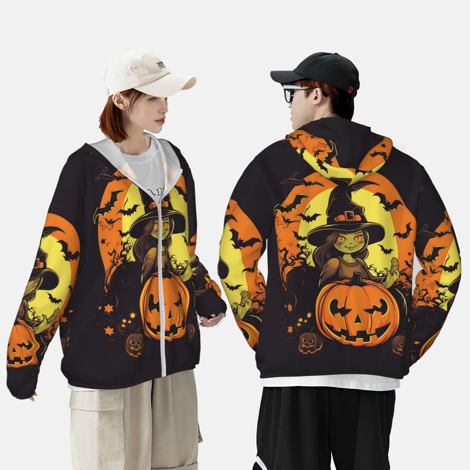NONHAI Men's Sun Protection Jacket UPF 50+ Full Zipper Long Sleeve UV Hoodie Shirt Halloween Pumpkin Witch Women's Outdoor Jacket