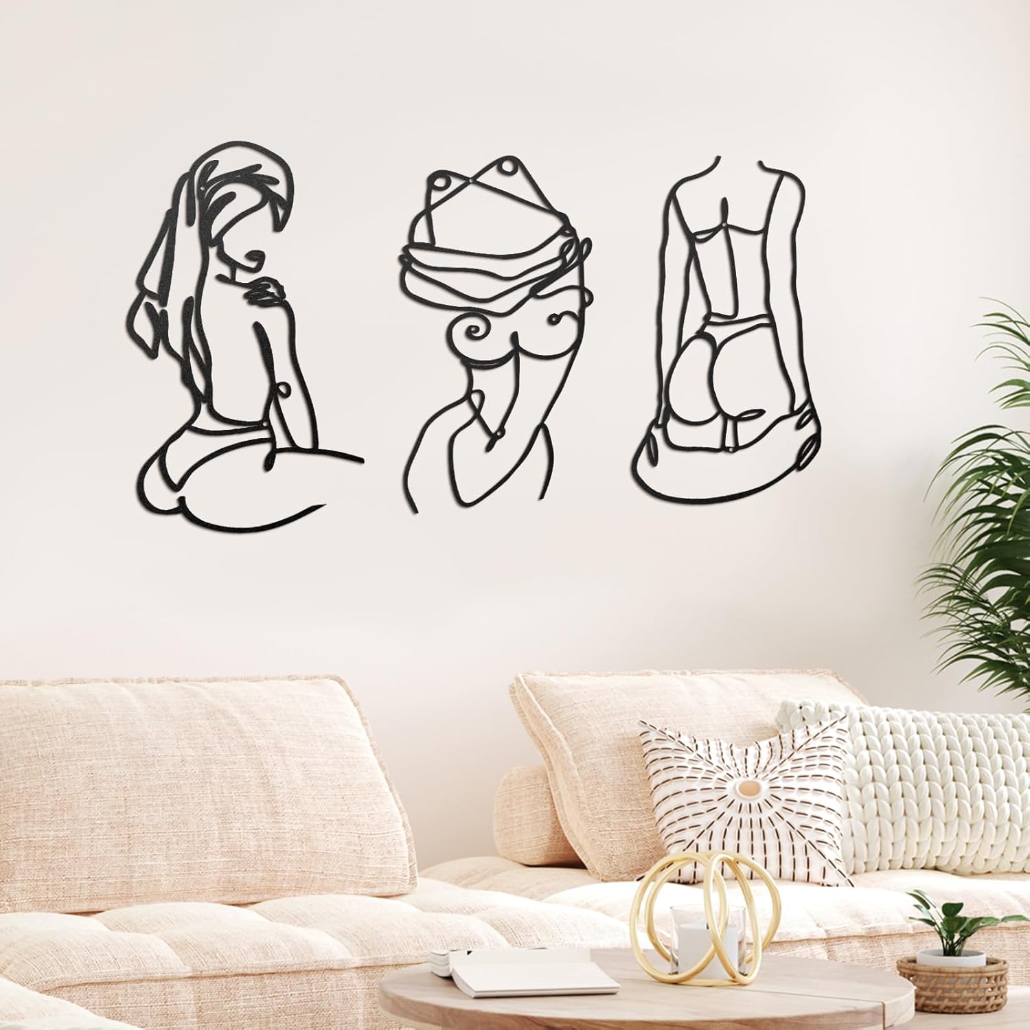 Lounsweer 3 Pcs Modern Minimalist Wall Art - Abstract Line Art, Single Line Metal Wall Decor for Bedroom, Living Room (Rustic Style)