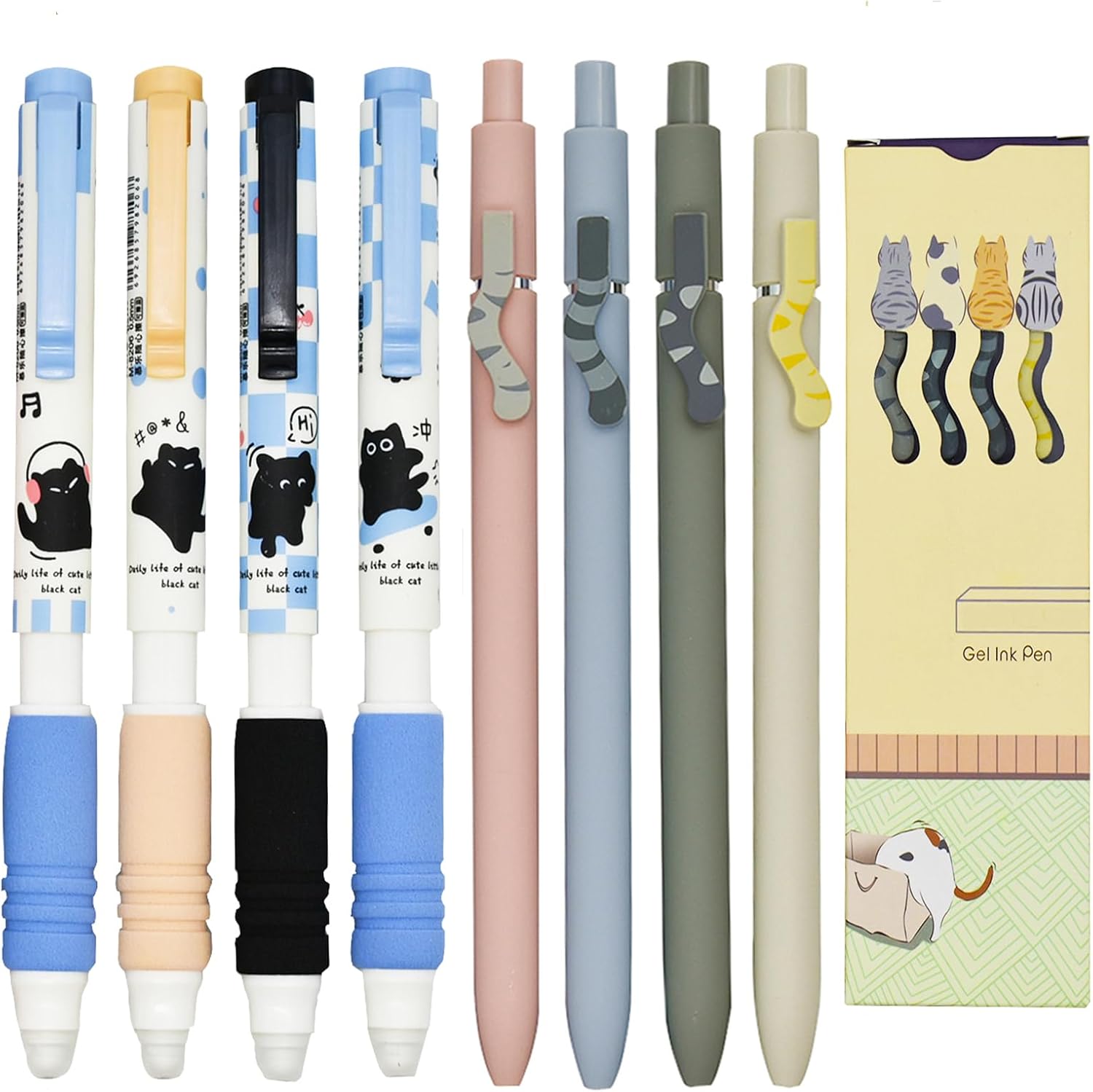 Maydahui 4 Pcs Retractable Cute Cat Tail Press Pens Black Ink and 4 Pcs Black Cat Rollerball Pens Erasable Blue Ink for Cat Lovers School Office Birthday Gifts