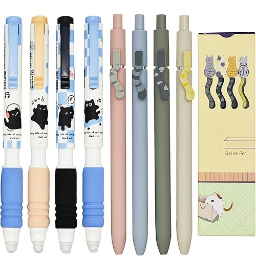 Maydahui 4 bolígrafos retráctiles con forma de cola de gato, tinta negra y 4 bolígrafos de punta redonda de gato negro, tinta azul borrable para