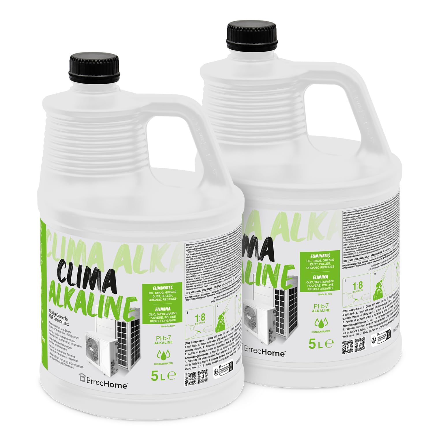 ErrecHome Clima Alkaline, Nettoyant Alcalin pour Unité Extérieure des Systèmes de Climatisation et Réfrigération, Formule Concentrée, 10 L (2 x 5 L)