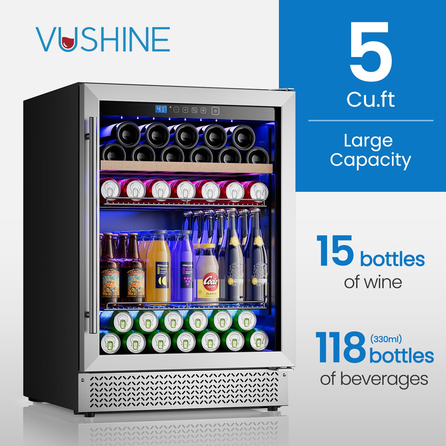 Vushine 24 Inch Beverage Refrigerator, Wine And Beverage Refrigerator With Glass Door, 37-64°F Cooling Under Counter Refrigerator, Wine Fridge 15 Bottles & 118 Cans Capacity For Home Bar Kitchen on Fridge.com - View 2