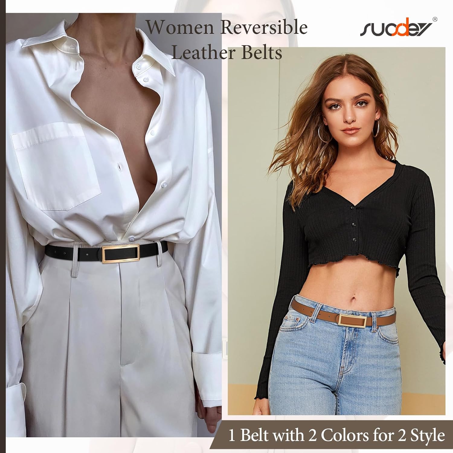 SUOSDEY Women Reversible Leather Belts for Jeans Pants Dresses Ladies Fashion Belts with Gold Buckle, 0.9" Width - Image 2