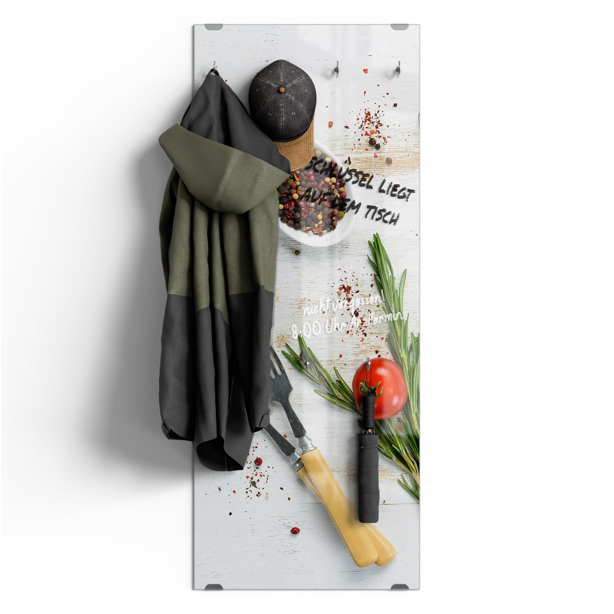 DEQORI Kleiderhaken aus Glas mit Motivdruck | Design vertikal, 50x125 cm | Motiv Küchenkräuter und Gewürze | ESG-Sicherheitsglas mit 7 Haken – beschreibbar & montagefreundlich – pflegeleicht