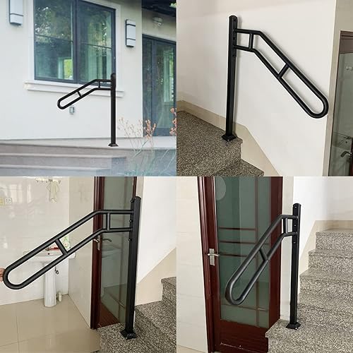 Miniatura 7 de Pasamanos de un solo poste para exteriores de 1 a 3 escalones, pasamanos de escalera doblados de metal, barandilla de escalera de hierro forjado