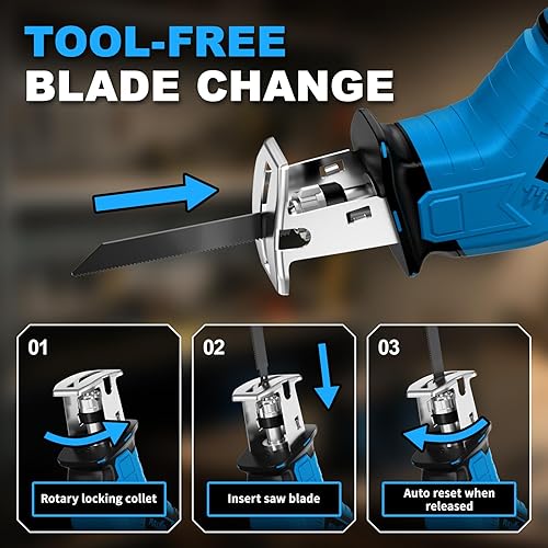 Miniatura 9 de Sierra Recíproca Inalámbrica, 3500 RPM Sierras Eléctricas con 4 Cuchillas y 2 Baterías, Cambio de Cuchilla sin Herramientas, Sierra de Mano Ligera,