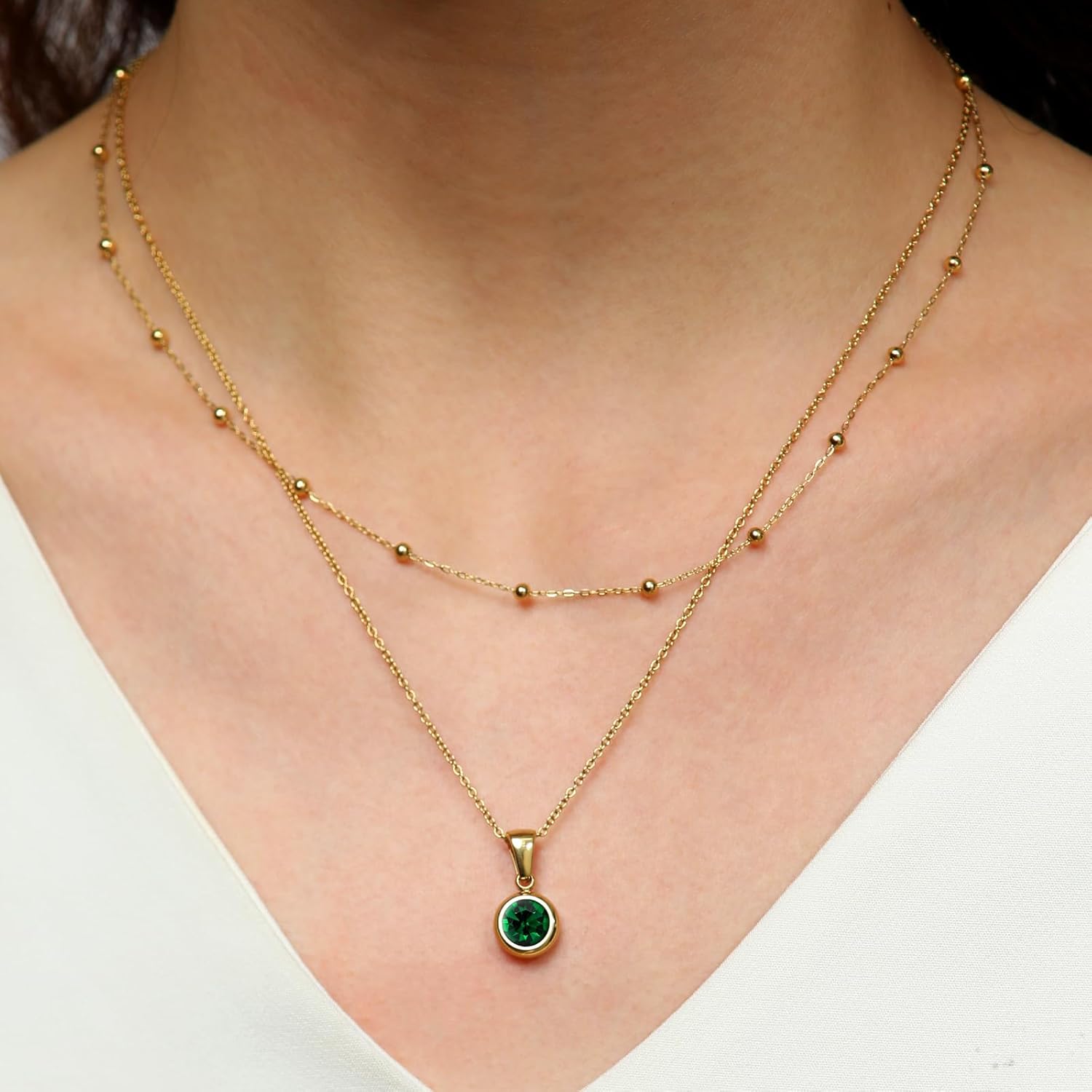 14K Gold-Plated Women's Double-Layer Birthstone Necklace Delicate Round Birthstone Pendant with a Simple Necklace, a Birthday Gift for Women Teenage Girls - Image 3