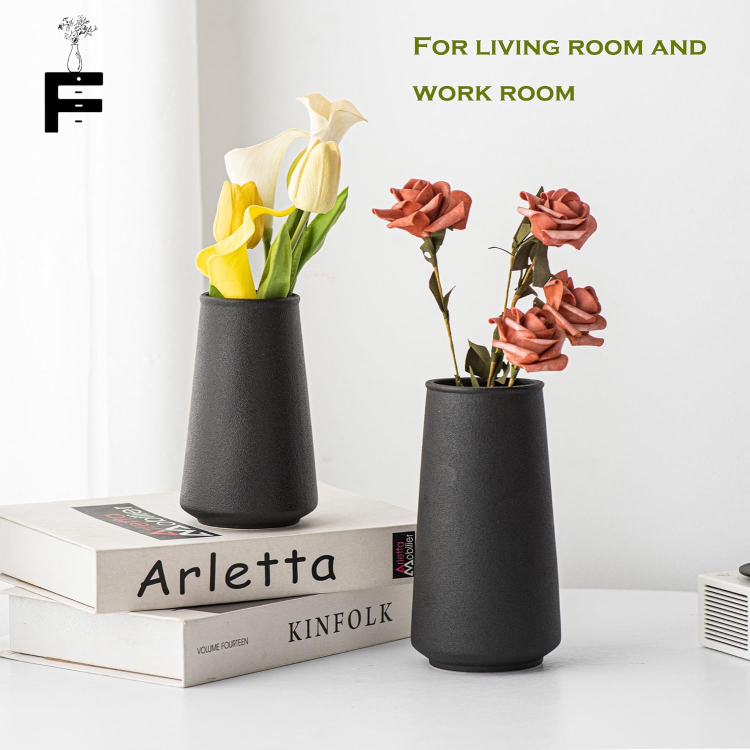 Black Vase Set of 2 - Matte Black Flower vase for Centerpieces, Small Big Boho Ceramic Vases for Home Decor, Fit for Flowers/Plants, Bathroom Decor