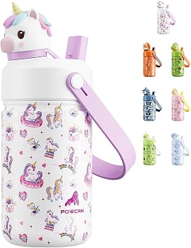 POWCAN 12 oz Kids Water Bottle for School 2-in-1 Straw Spout Lid with Soft Animal Head, Leakproof, Keep Cold 24H, Backpack Friendly, BPA-Free, Stainless Steel Cup for Sports, Gift Unicorn Starland