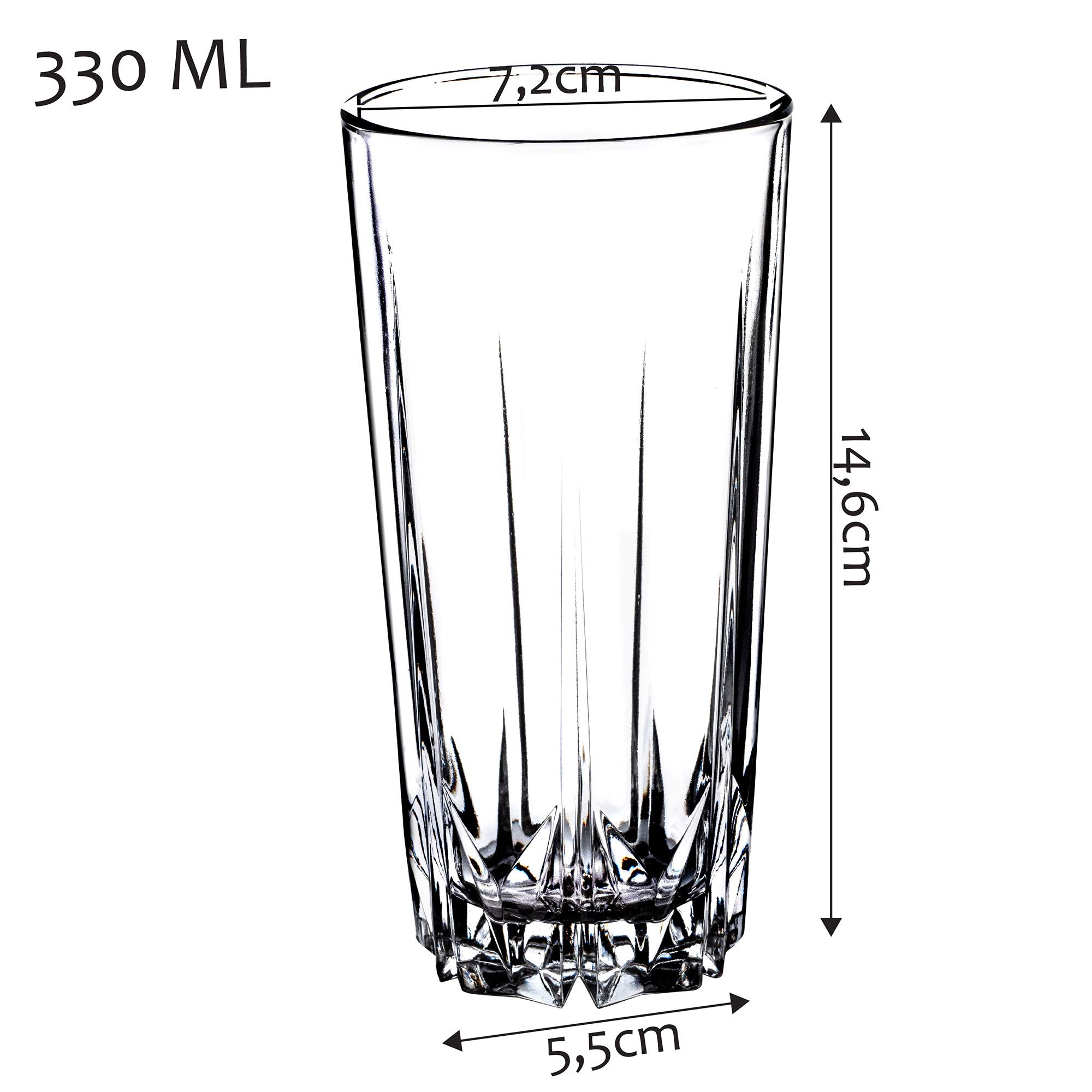 KADAX Zestaw 6 szt. Szklanki wysokie 330 ml z wysokiej jakości szkła, grube ścianki zwiększają trwałość, ryflowana faktura zapewnia pewny chwyt, do wody, soków i drinków
