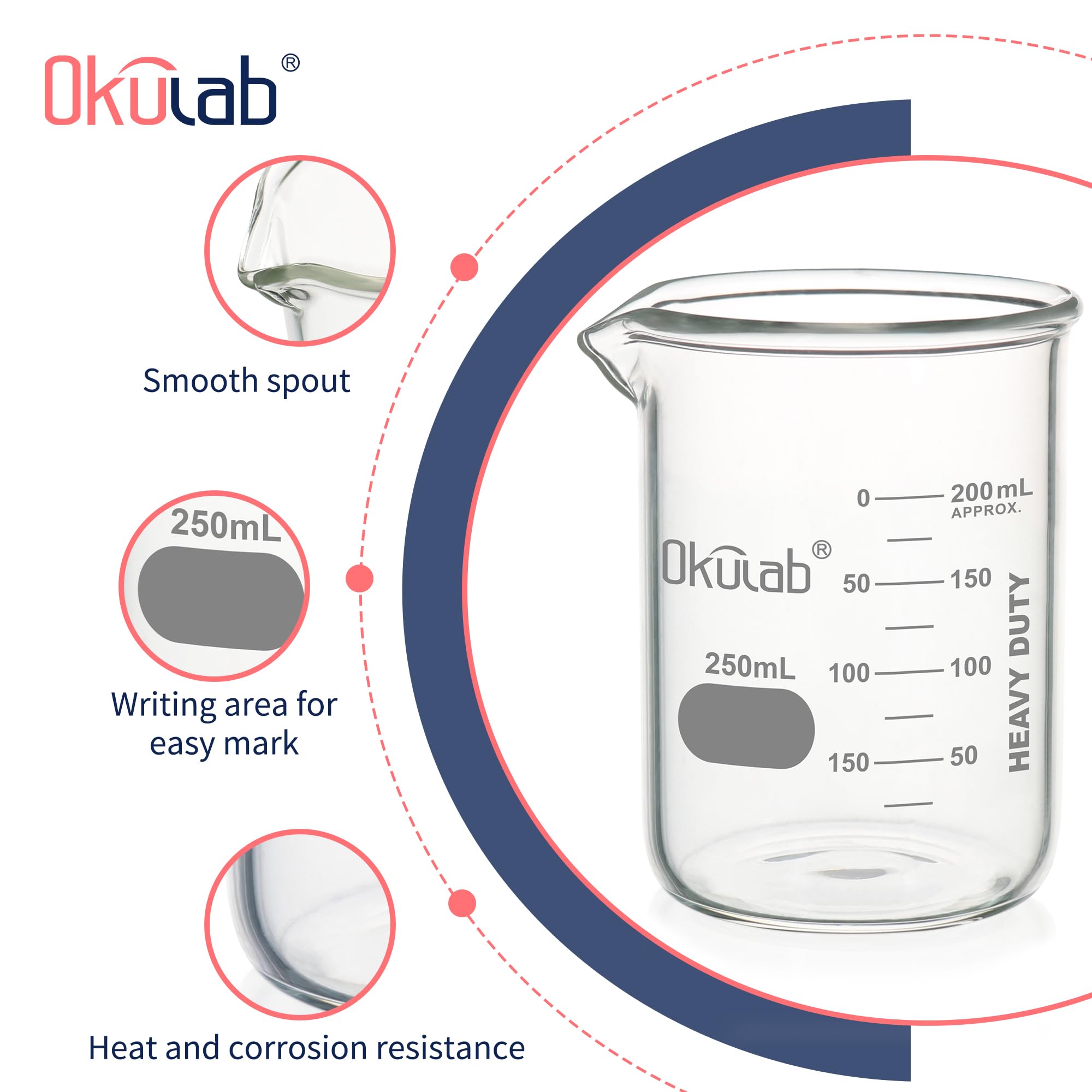 Vaso de precipitados, 6 piezas de Vol.250 ml, forma baja, material de vidrio brosilicato 3.3, con boquilla y graduación impresa. BKLG250B6