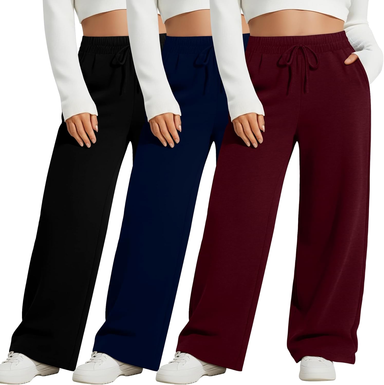 Neer 3 Pack Women's Plus Size Wide Leg Pants, Elastic Waist Lounge Pants with Pockets Drawstring Casual Pj Yoga Sweatpants