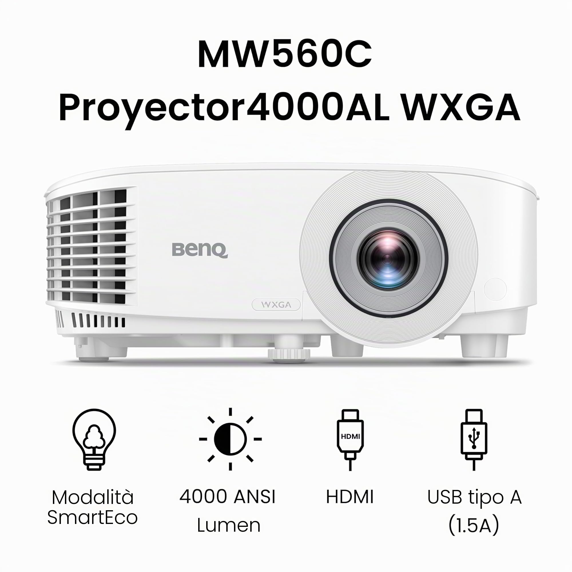 Proiettore BenQ MW560C WXGA Business, DLP, 4.000 lumen, contrasto 20.000:1, HDMI/VGA, correzione trapezoidale automatica, configurazione semplice, tecnologia SmartEco