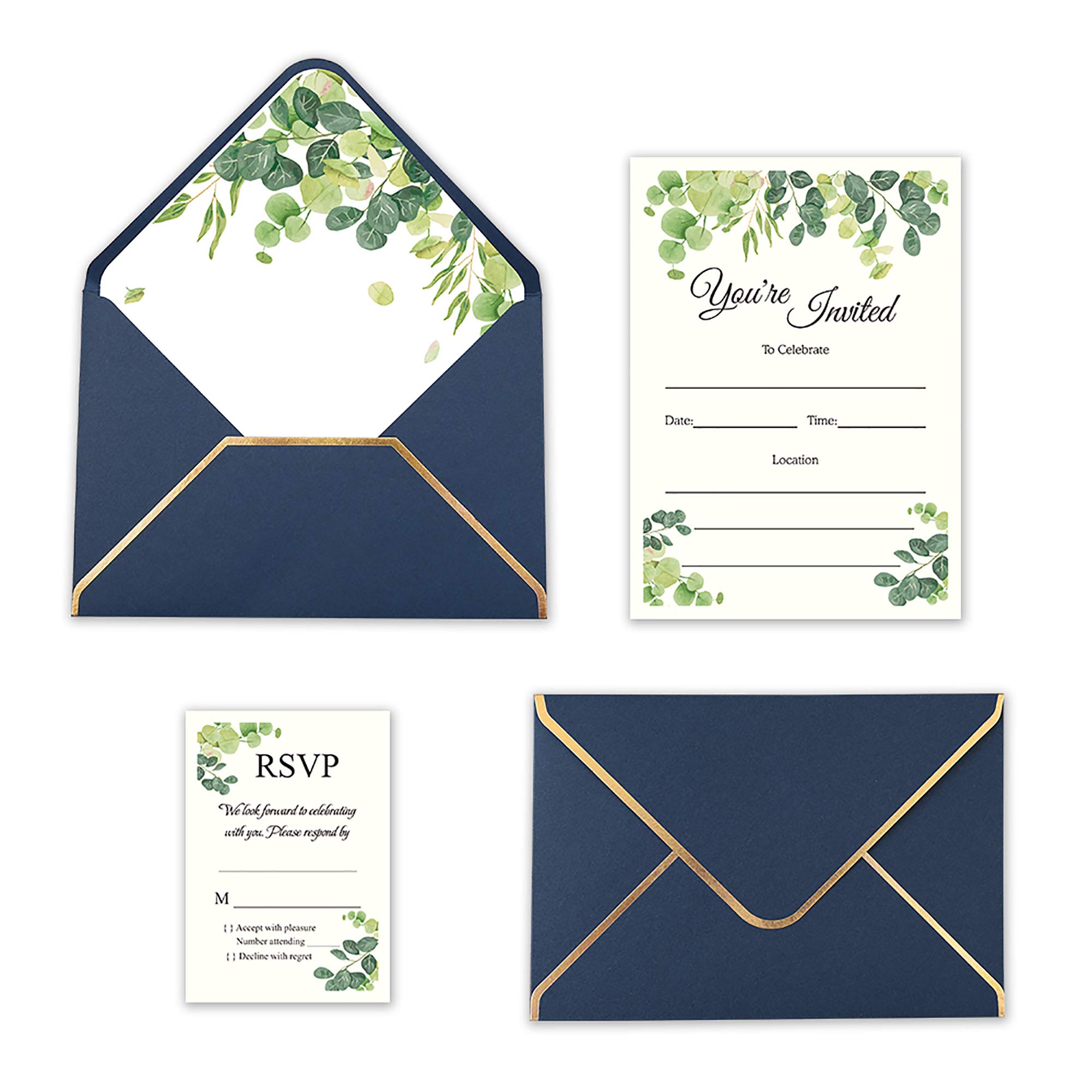 DORIS HOME 25pcs Navy Blue Fill-in Invitations Cards with Eucalyptus leaves and Envelope with Gold Border for Wedding, Engagement, Birthday