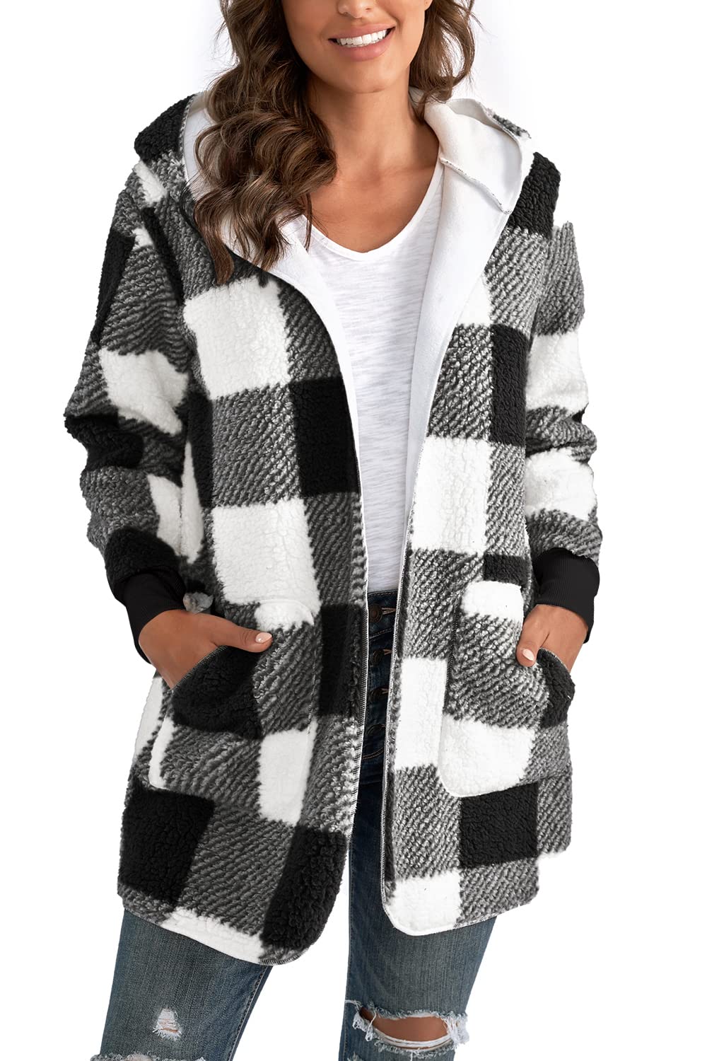 Yanekop Womens Fuzzy Fleece Jacket Open Front Hooded Cardigan