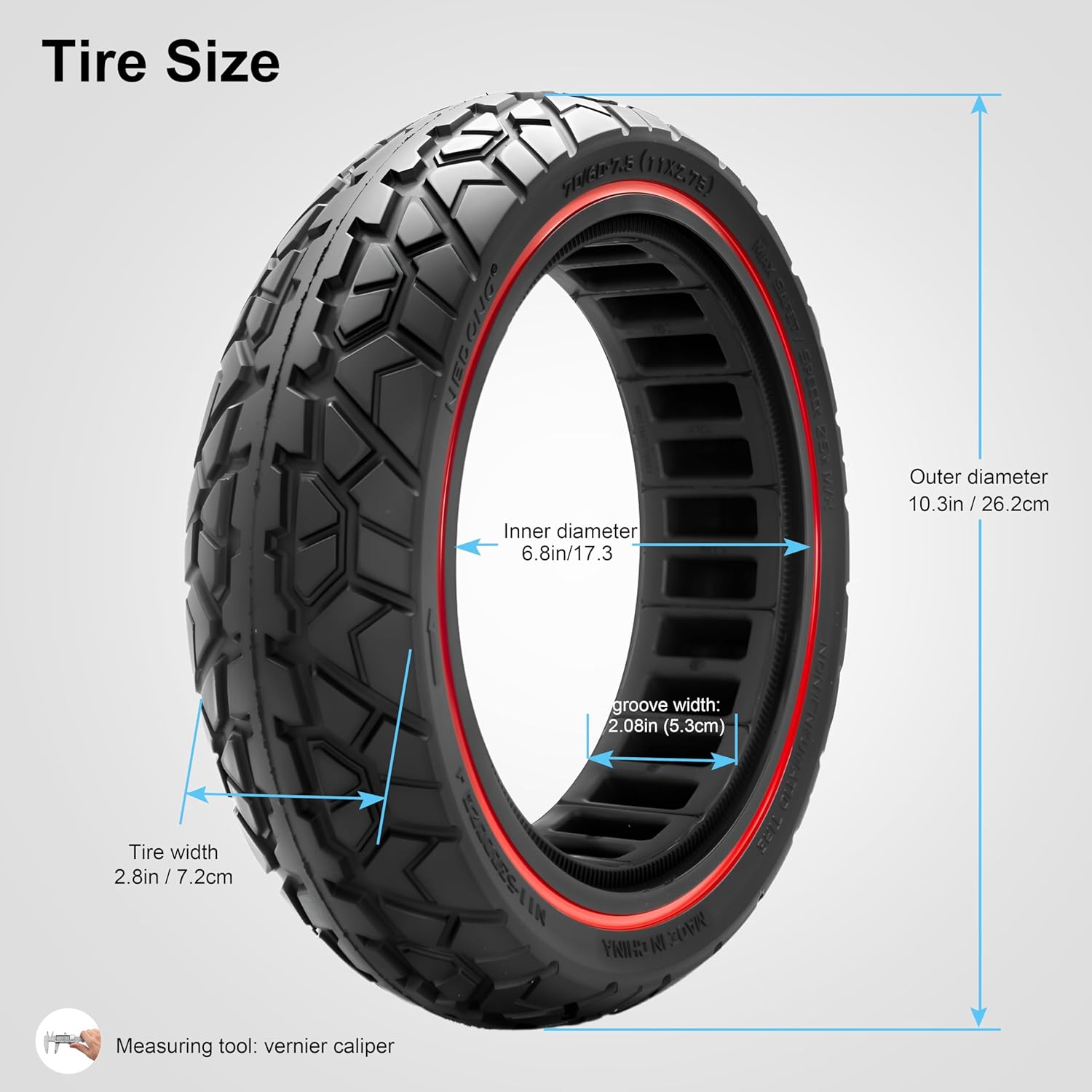 70/60-7.5 Solide Tire,Fits Ninebot by Segway MAX G3 / ZT3 / ZT3 Pro Kickscooter,11 Inch (11x2.75) Tubeless Tire,Red