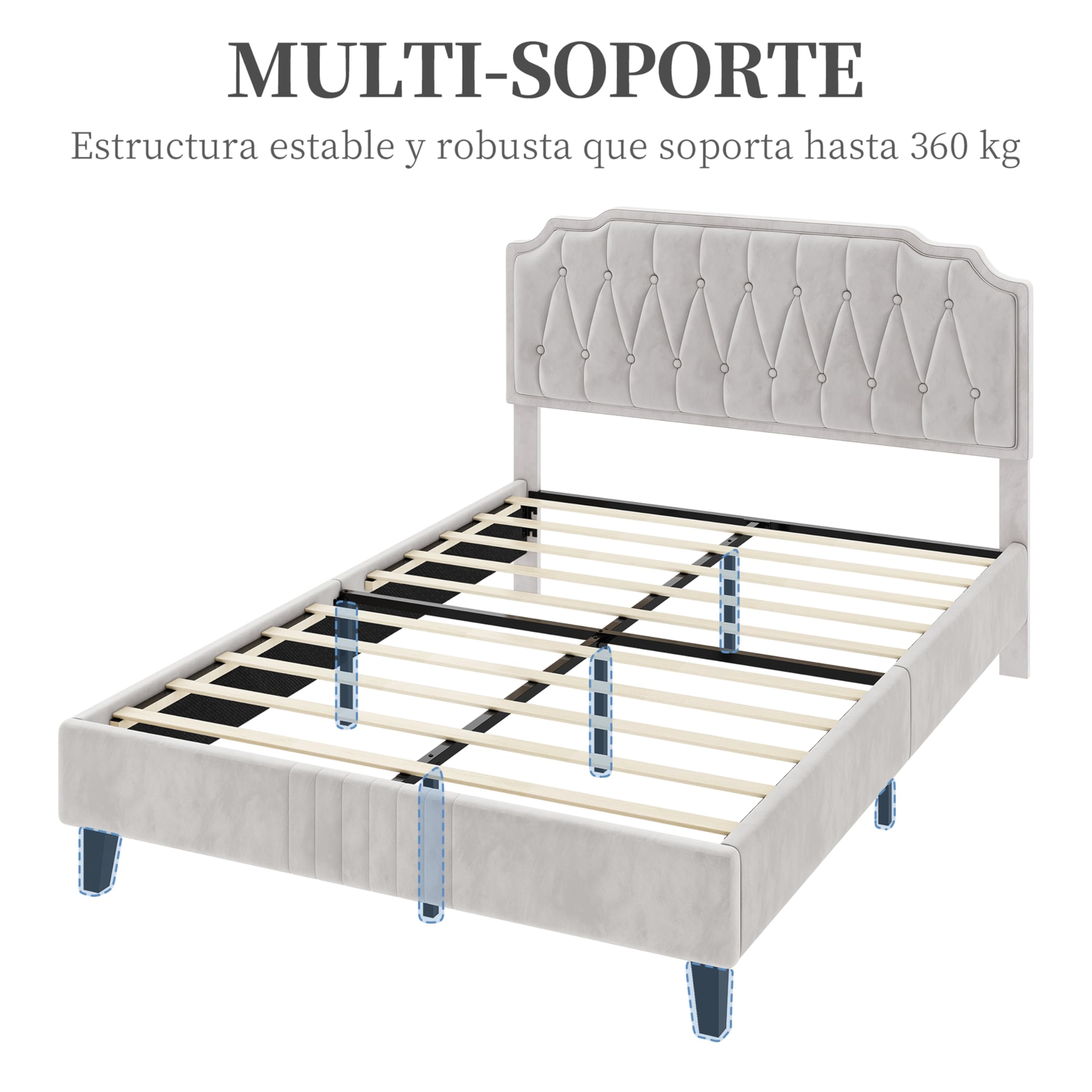 Yaheetech Cama Tapizado en Terciopelo Cama de Matrimonio con Cabecero Ajustable en Altura Marco de Cama Soporte con Listones de Madera 140 × 200 cm Beige