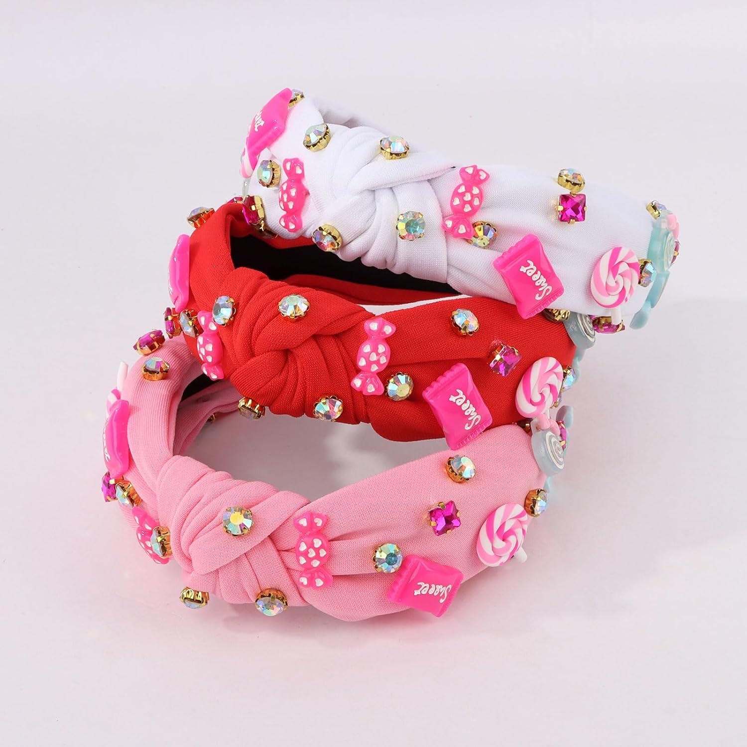 Valentine's Day Knotted Headbands 3 Pack - Pink White Red Candy & Rhinestone Hair Accessories for Women Girls, Perfect for Parties & Date Nights - Image 8