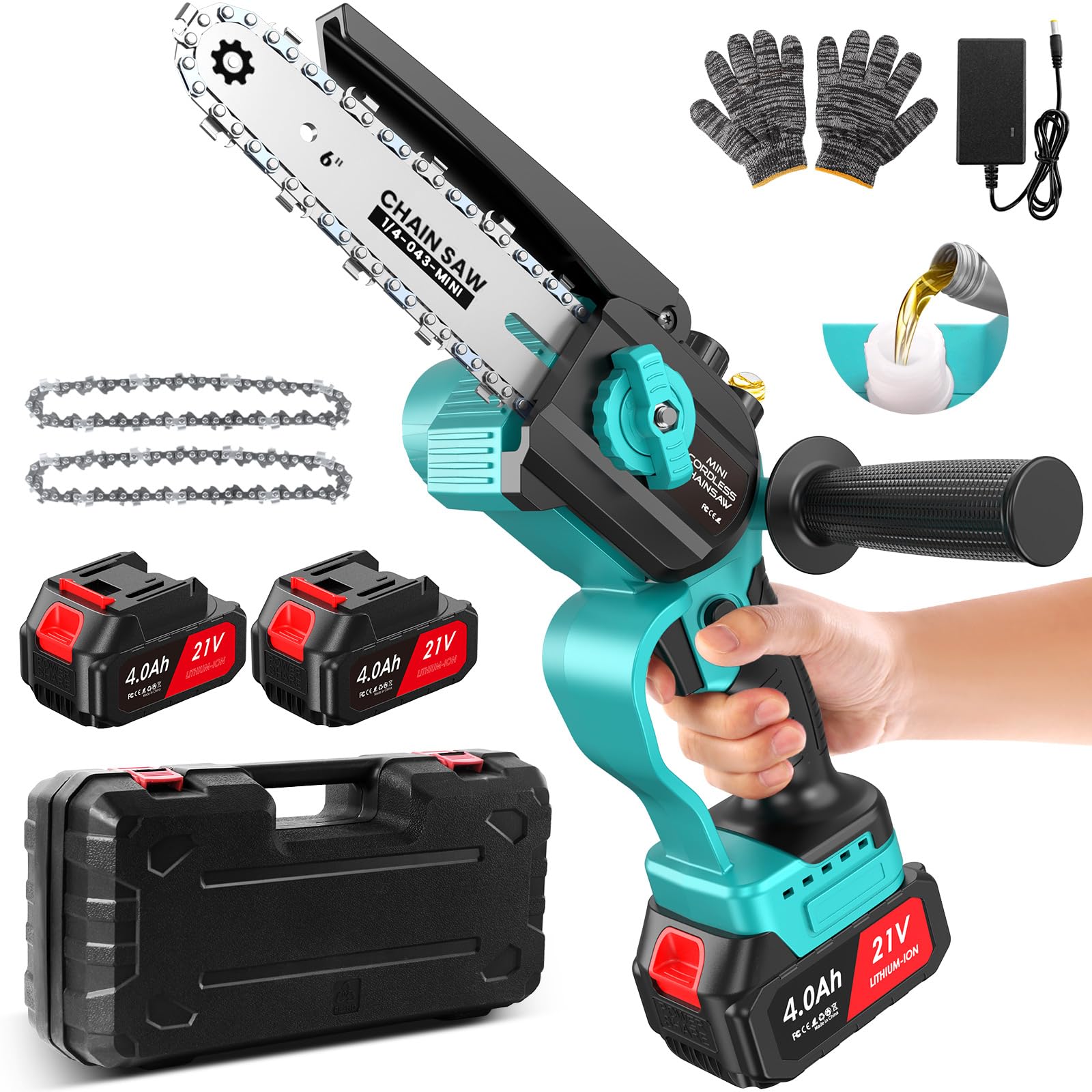 Motosega a Batteria,con 8000mAh Batteria 1000W alimentata a batteria, di piccole dimensioni, con 2 batterie da 4000 mAh e caricabatterie da 21 V per potatura di rami
