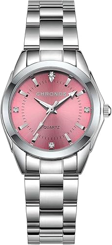CHRONOS Relojes para mujer, reloj de pulsera impermeable para niñas, reloj de pulsera de acero inoxidable plateado, reloj de pulsera de cuarzo de