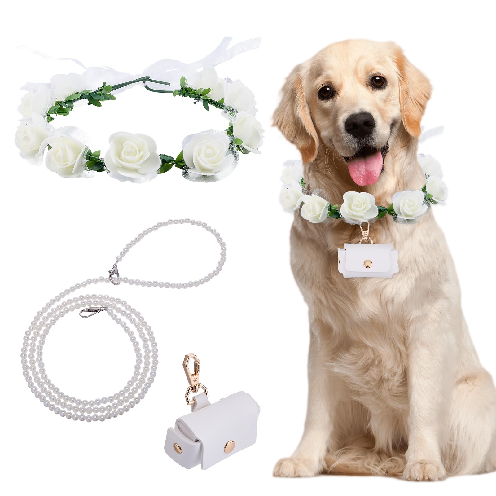 NICENEEDED Lot de 3 colliers pour mariage, chien, ensemble de fleurs, perles de laisse pour chiens avec perles porte-alliances, nœud papillon réglable pour le cou du chien