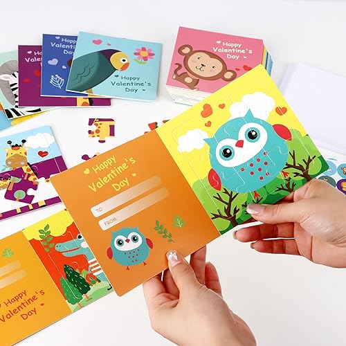 Miniatura 5 de Tarjetas de rompecabezas para el día de San Valentín para niños, paquete de 27 tarjetas de rompecabezas de animales con sobres y calcomanías a
