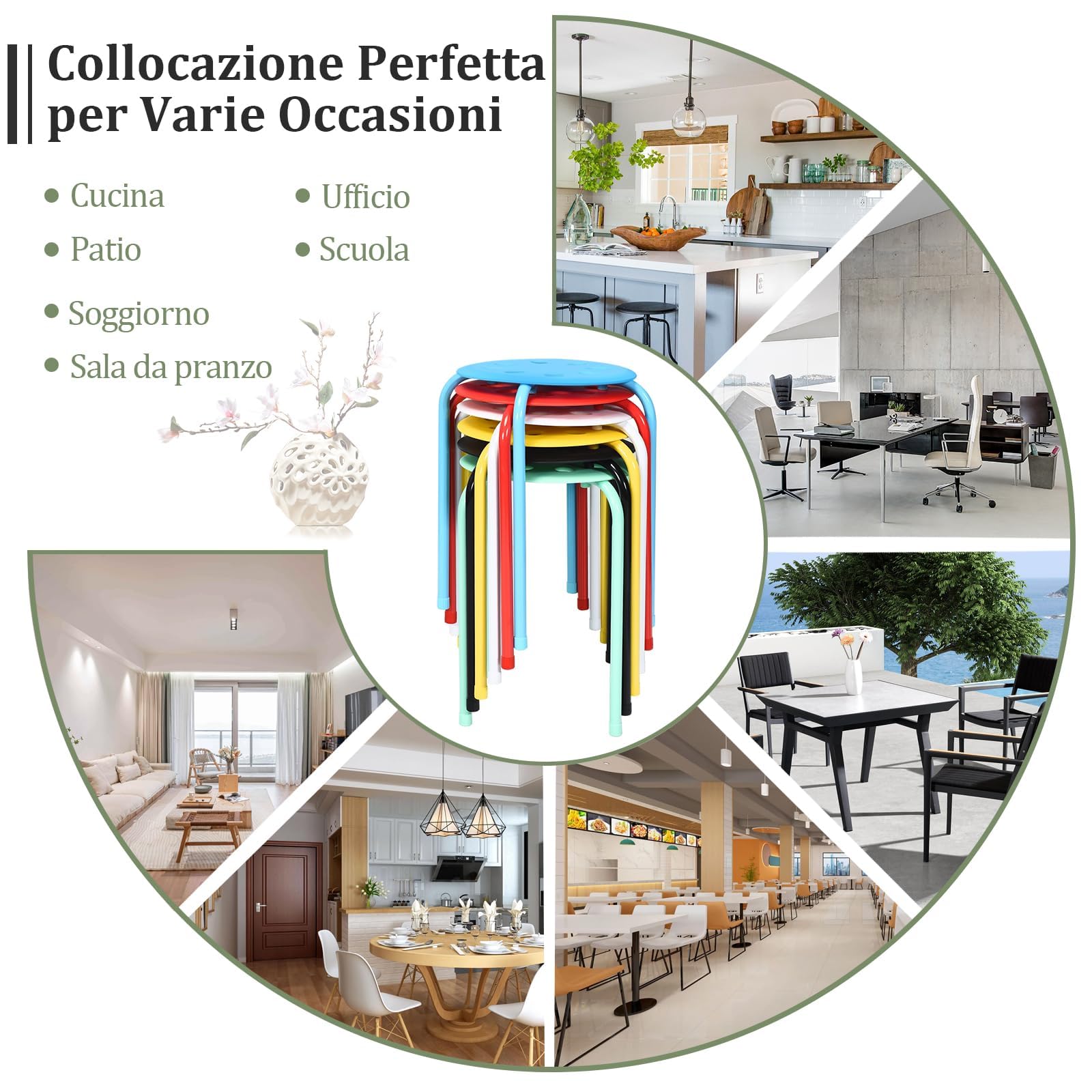 RELAX4LIFE Sgabelli Impilabili 6 Pezzi, Sgabelli Leggeri con Telaio in Metallo e Seduta in Plastica per Casa Scuola Aula, Sgabelli Rotondi Multiuso per Bambini Adulti (Colori Assortiti)