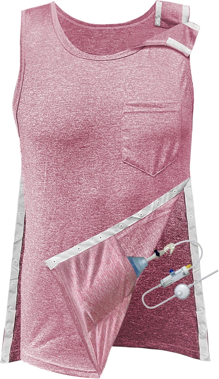 Mastectomy Recovery Tank Top with Drain Pockets Unisex Post Shoulder Surgery Shirts Full Snap Rotator Cuff Recovery Clothing