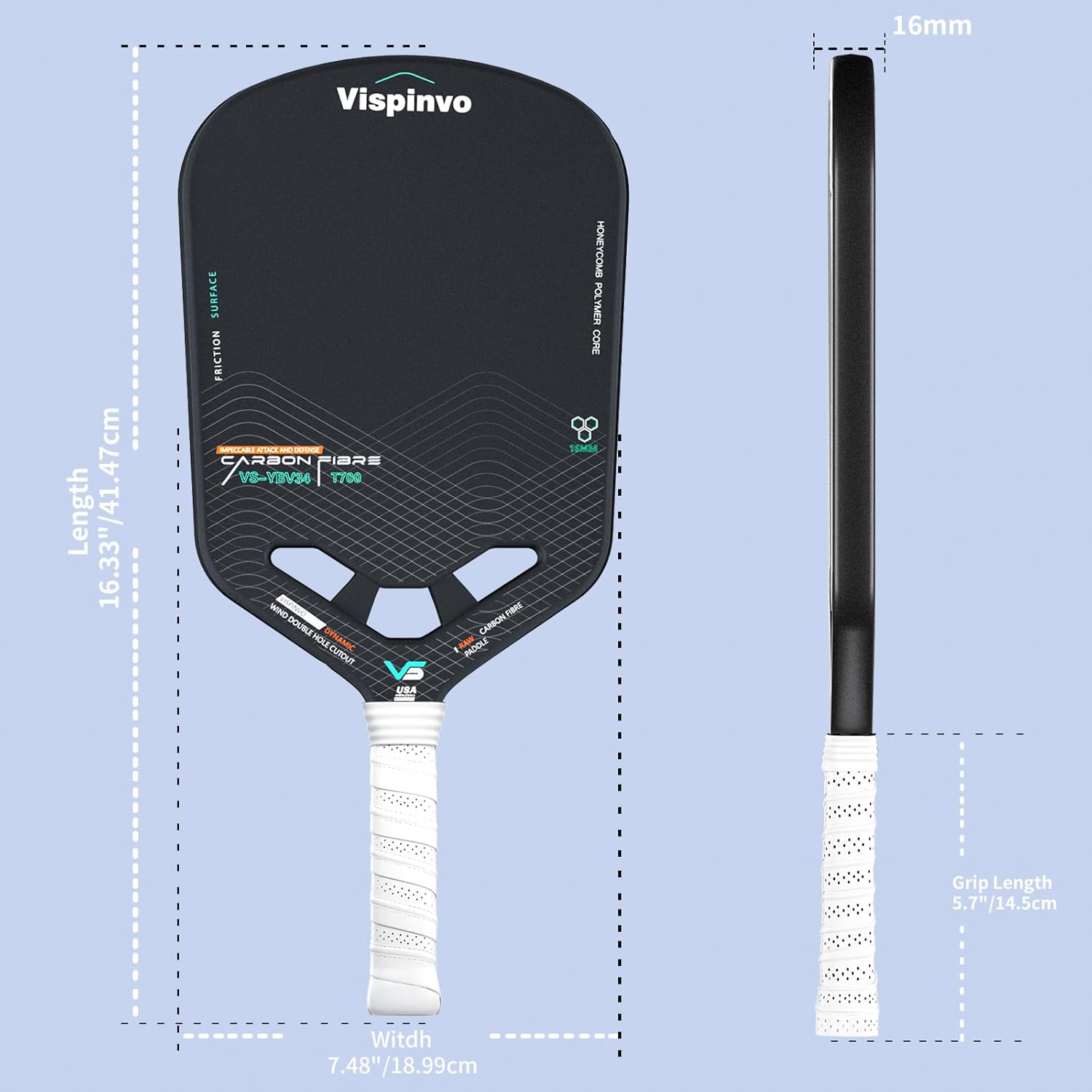 Pickleball Paddle Edgeless, 16MM T700 Thermoformed Raw Carbon Fiber Pickleball Paddle, USAPA Approved, Foam Injected Edges for Expanded Sweet Spot, Control and Balance