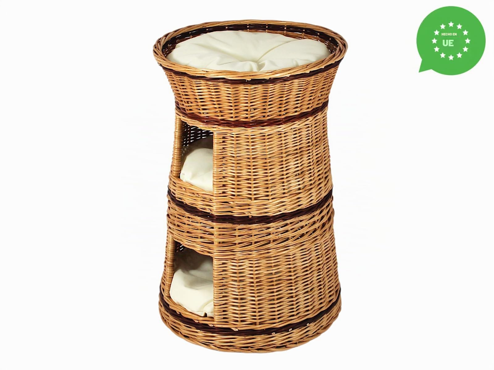 Cesta de mimbre de tres niveles para gatos y perros, color mimbre natural, con cojín, color beige
