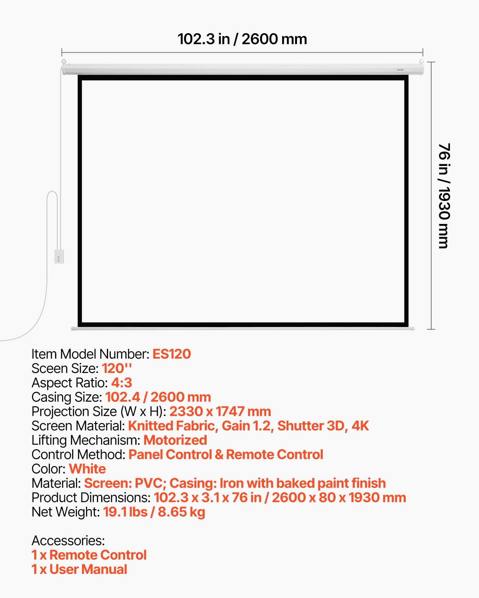 VEVOR Écran de Projection Motorisé Électrique 3048 mm 4:3 1080 HD, Toile PVC avec Télécommande