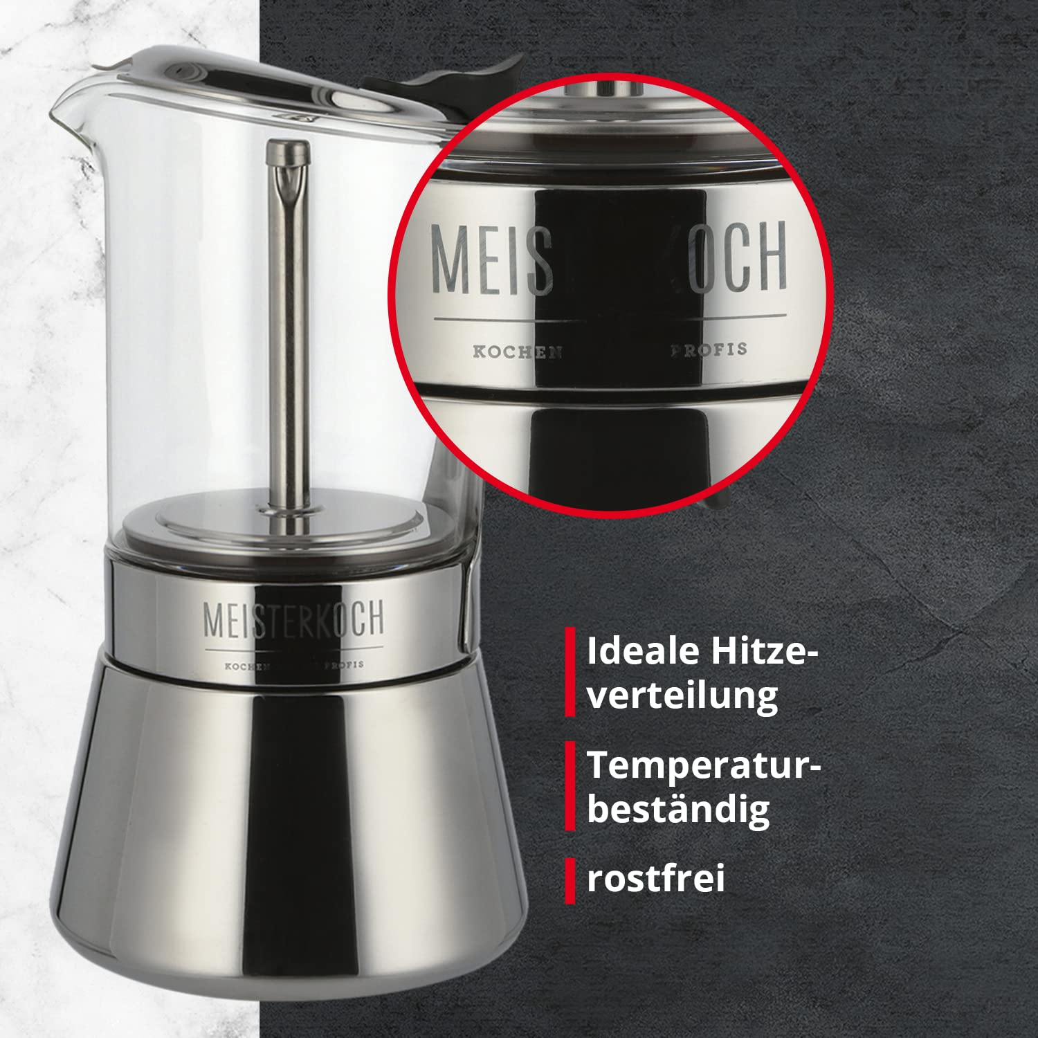 MEISTERKOCH Espressokocher Mokkakanne aus Edelstahl und Glas, Induktion, für alle Herdarten, 360 ml, 4-6 Tassen, Griff aus Nylon, rostfrei, temperaturbeständig, Espressomaschine, Camping