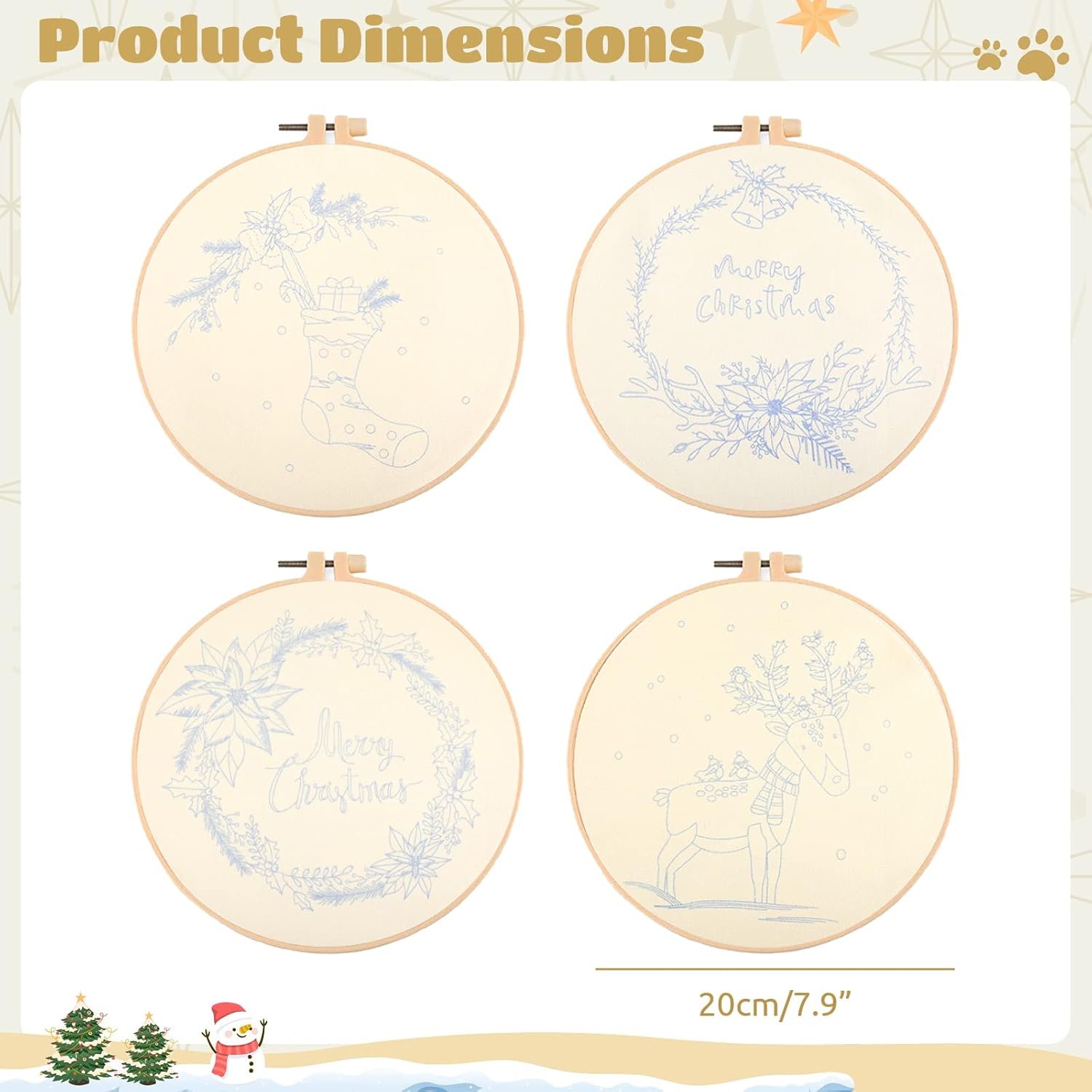 Joyibay Embroidery Kit for Beginners, 4 Pack DIY Christmas Cross Stitch Kits, Embroidery Starter Kits with Stamped Pattern, Include 4pcs Embroidery Hoops, 4pcs Embroidery Clothes with Pattern