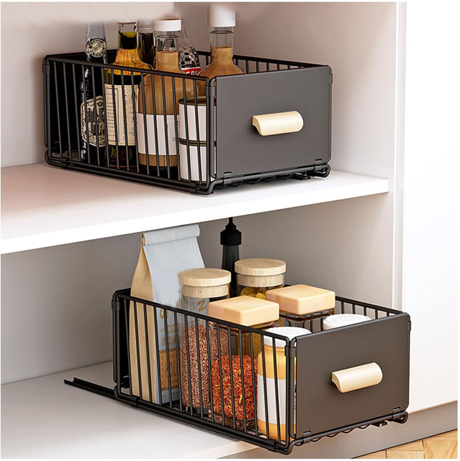 Heavy Duty Pull Out Cabinet Organizer with Handle - Carbon Steel Drawer, Silent Full-Extension Slides, Adhesive Rails for Kitchen, Bathroom, Pantry, Closet - Set of 2