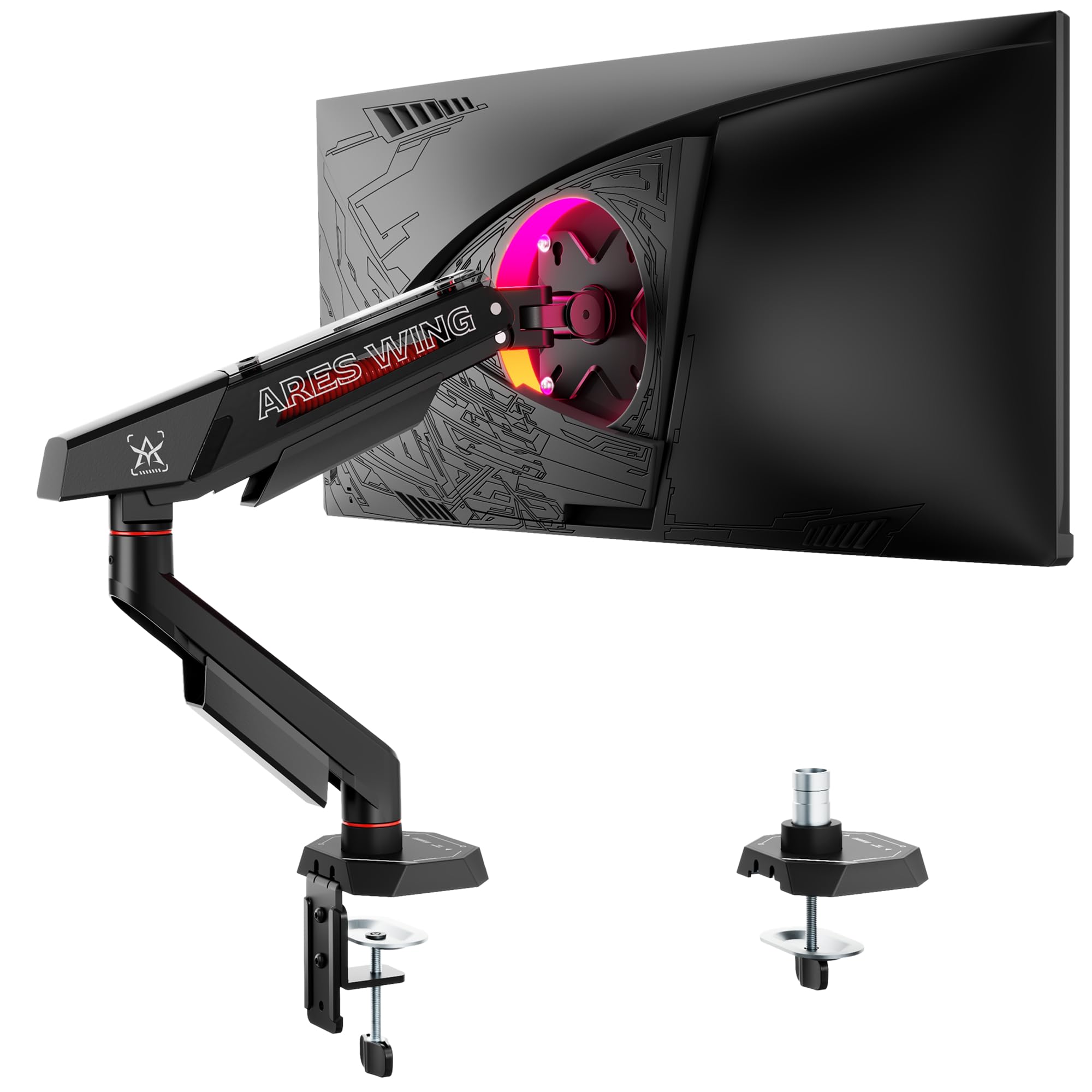 ARES WING Bras écran pc 17-40 Pouces Charge 12kg VESA 75/100 réglable Noir | Support écran pc plats & incurvés, multi-angle, fixation pince/trou，Gaming Monitor arm avec gestion câbles, aluminium