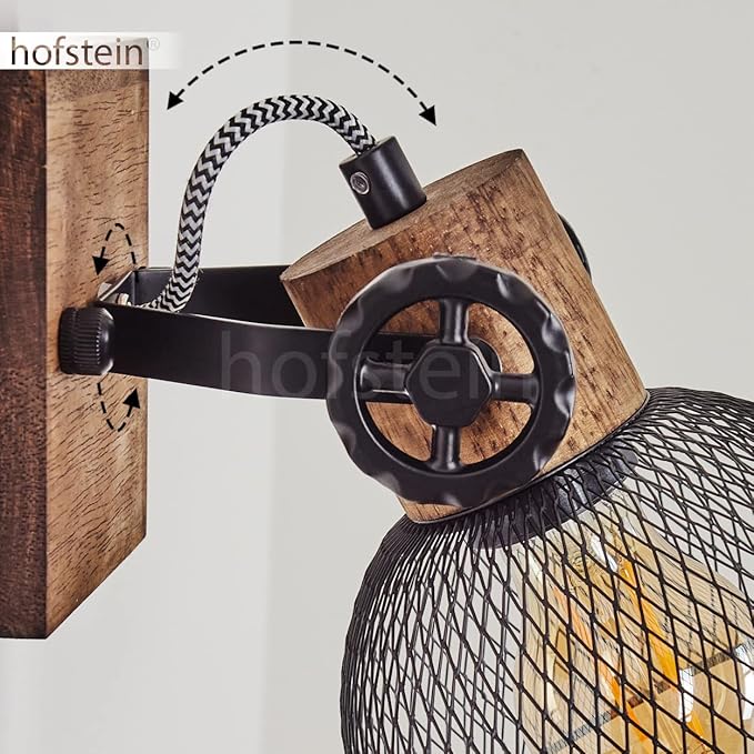 hofstein Wandlamp Orny, wandlamp in vintage design van hout/metaal in bruin/zwart met kap in rasteroptiek, lamp met houten balken, textielkabels en verstelbare spot, 1 x E27, zonder gloeilamp photo 3