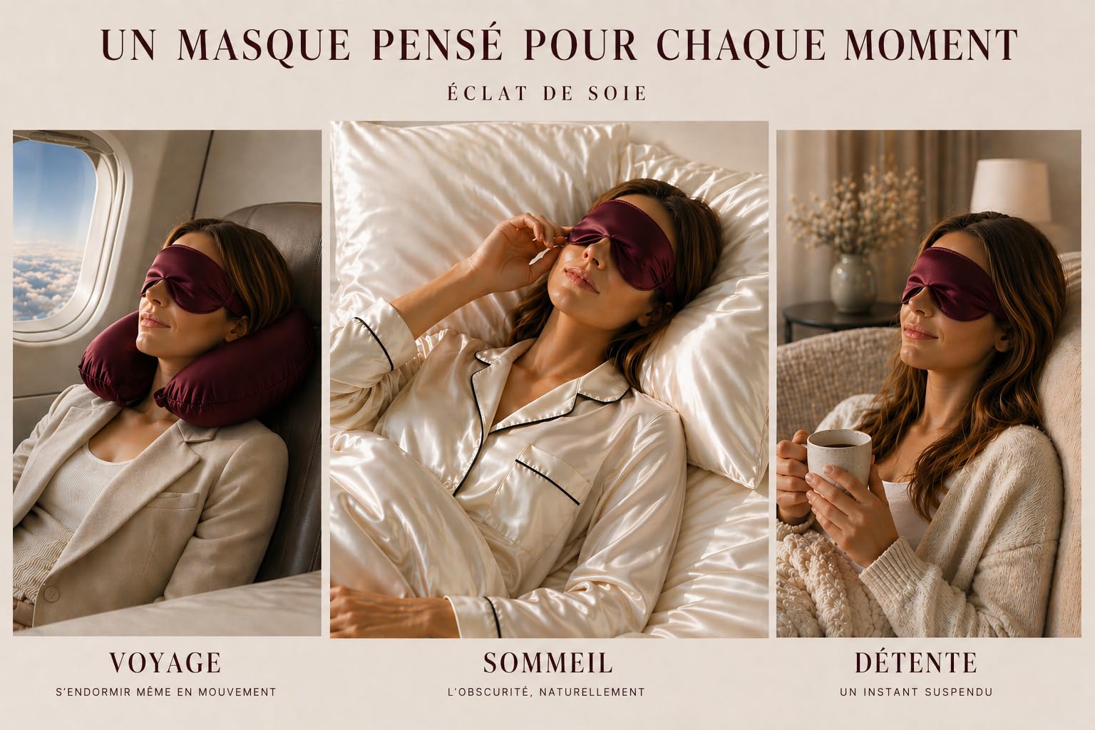 Éclat de Soie – Masque de nuit en soie de mûrier 22 mommes avec pochette en soie – Confort nuit et voyage – Coffret cadeau premium – Bourgogne profond – Certifié OEKO-TEX® STANDARD 100