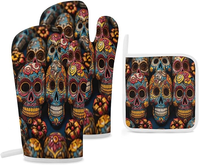 Colorful Sugar Skulls Printed Oven Mitts and Pot Holders Sets of 3, Heat Resistant Non Slip Kitchen Gloves Hot Pads, Funny Kitchen Gifts for Women/Men Cooking Lover Cooks