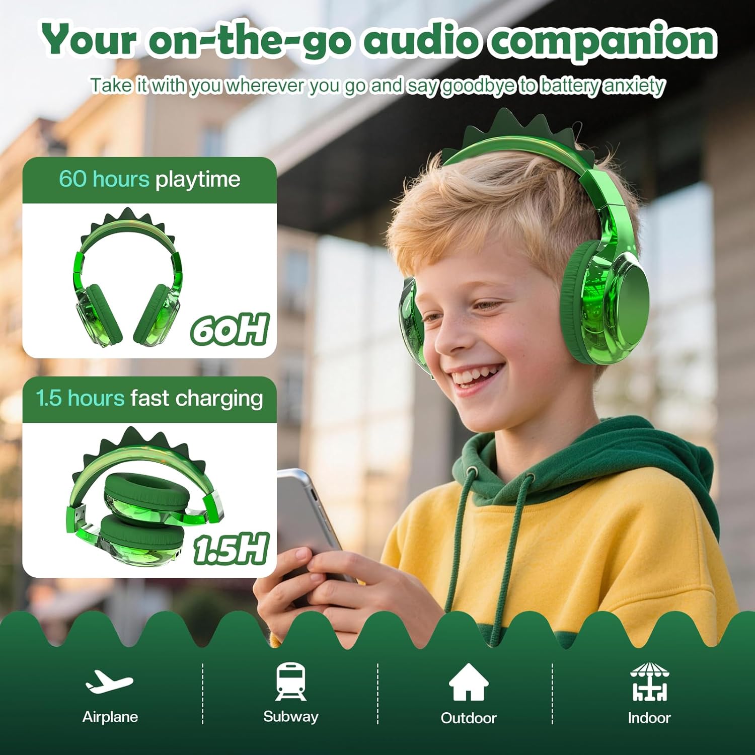 QearFun Kids Dinosaur Bluetooth Headphones, 60H Playtime, 74/85/94dB Safe Volume Limit, Metallic Gradient Wireless Headset with Mic, Fast Charging, Foldable, Wired Mode for Girls School/Tablet/Travel