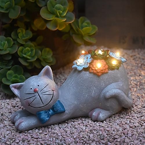 Miniatura 6 de Estatua de gato para decoración de jardín al aire libre con luz solar exterior, estatuilla de gato de resina impermeable para decoración de césped