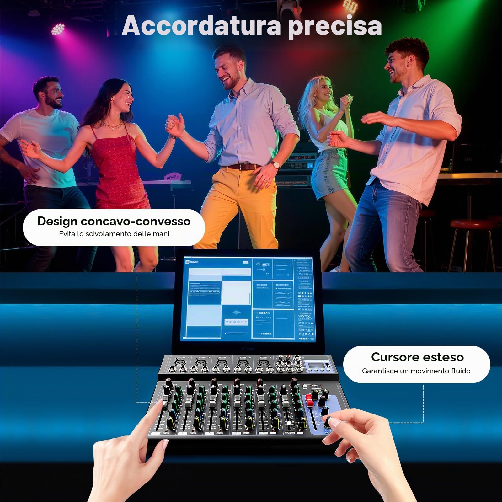 Mixer, mixer audio a 7 canali, mixer audio DJ professionale a 7 canali, telaio in metallo, 6 equalizzatori di stili musicali, alimentazione phantom da 48 V, karaoke/registrazione/live, compatto 33 cm