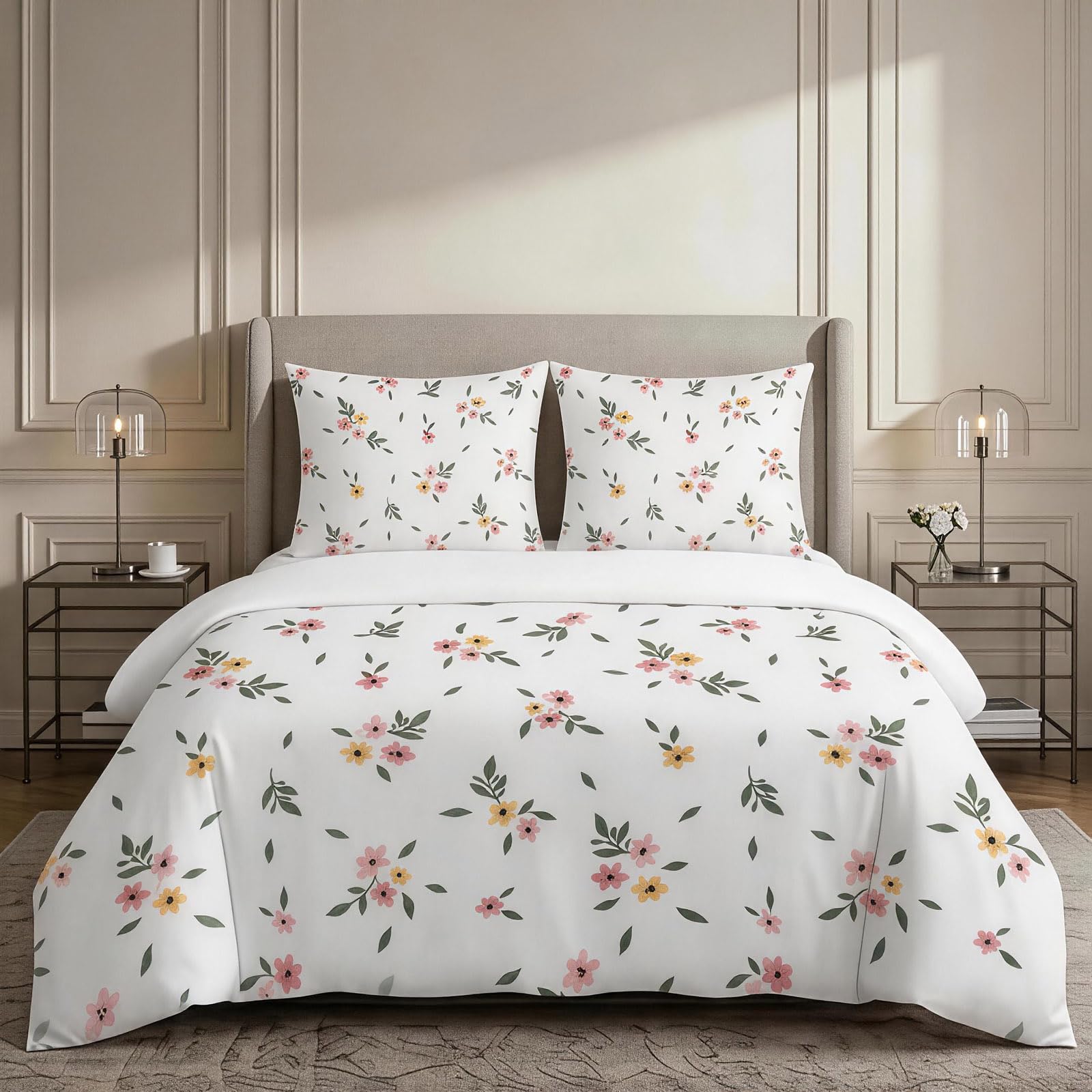 Housse de Couette 180x200 Motif Floraux Printaniers avec 2 Taies d'Oreiller pour un Lit 3 Pièces