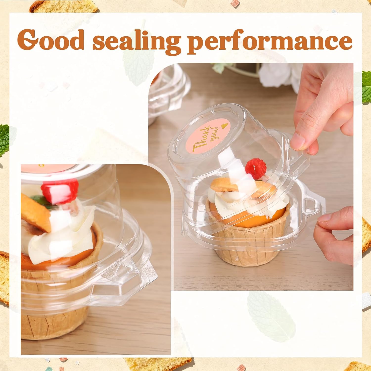 Lounsweer 120 Pack Individual Cupcake Containers Bulk with 500 Thank You Sticker Plastic Clear Cupcake Boxes Stackable Muffin Holder with Dome Lid Disposable Muffin Container for Wedding Baby Shower