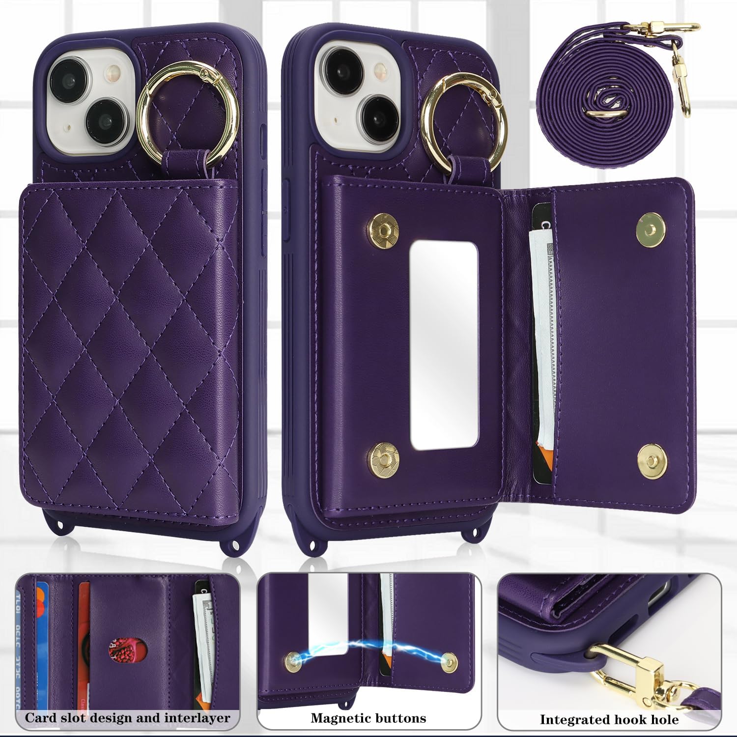 for iPhone 13 Case with Card Holder and Strap for Women,Crossbody Lanyard, Make Up Mirror,Ring Stand,Snap Clasp,Cute Phone Wallet Cases 6.1 inch - Deep Purple