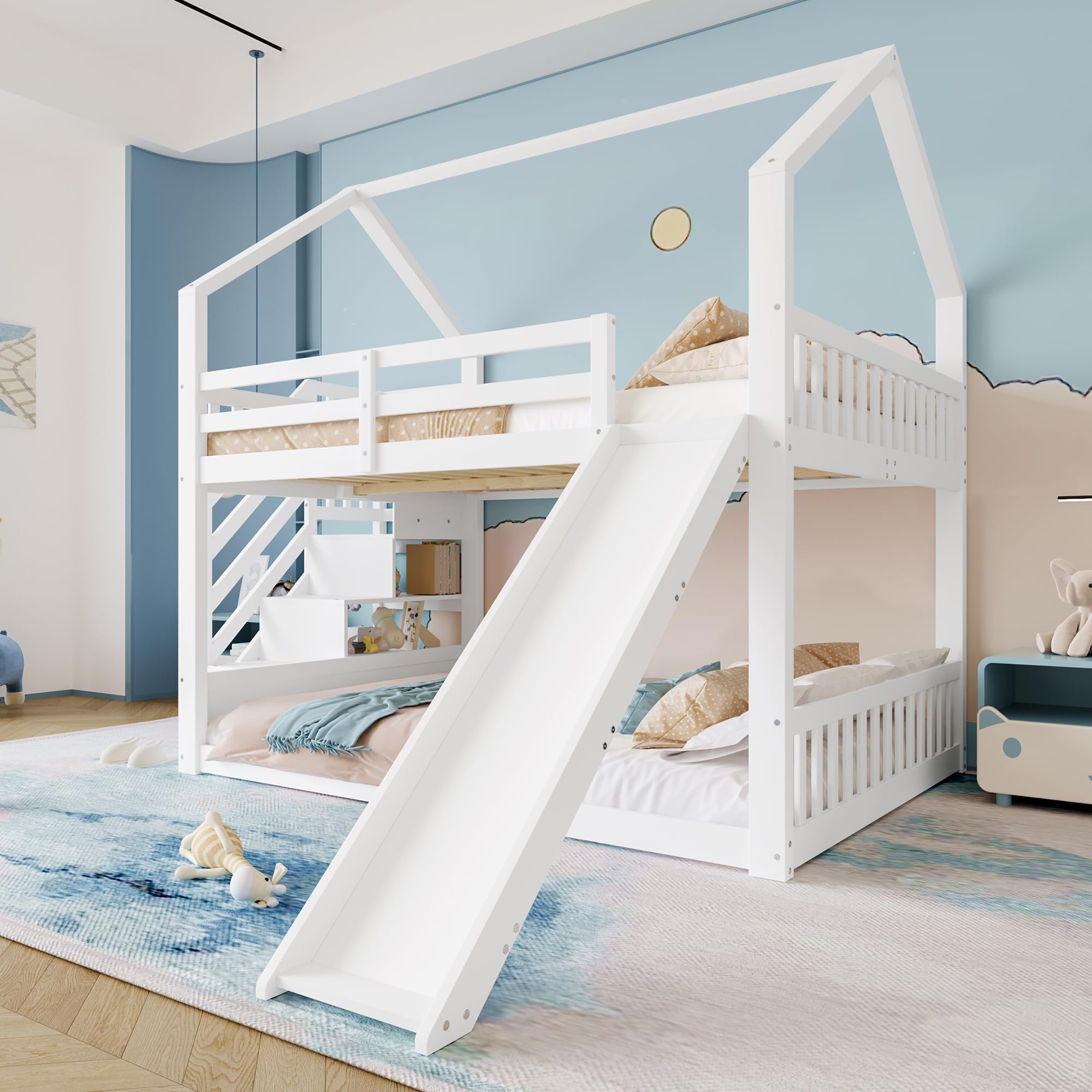Azkoeesy Letto a Castello con Scivolo e Scaletta 140x200 cm, Design a Forma di Casetta, con Mensole, Sponda e Doghe, Legno di Pino Bianco, Ideale per Bambini e Ragazzi