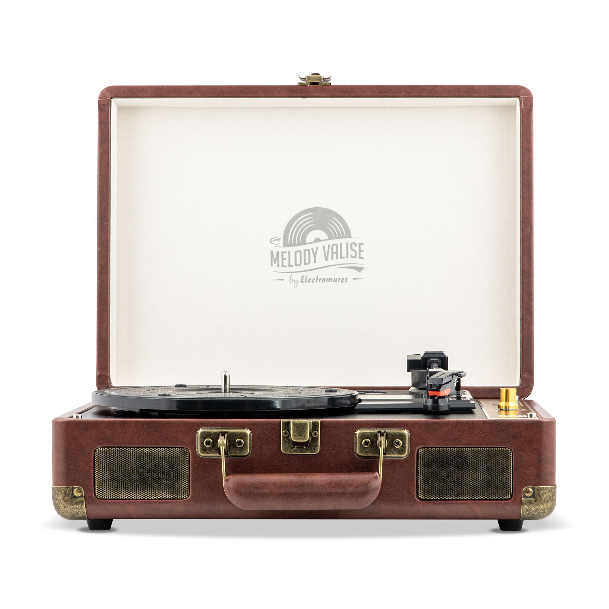 EM 1026 Braun, Retro Plattenspieler mit Bluetooth, Koffer-Schallplattenspieler mit eingebautem Akku, integrierte Stereo-Lautsprecher, Saphirnadel, 3-Gang 33/45/78 RPM